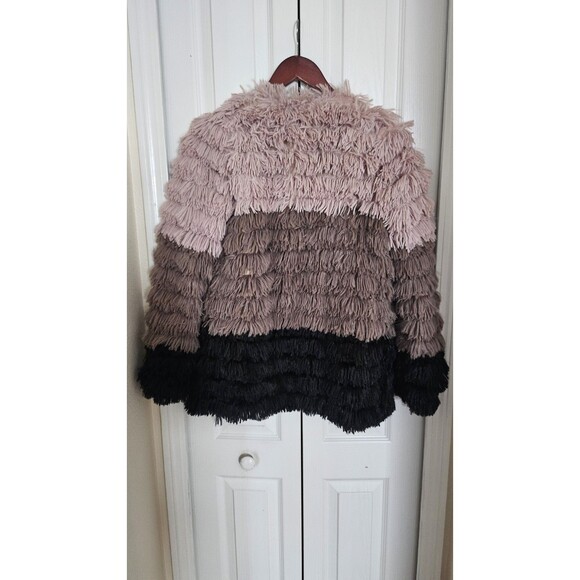 Anthropologie Sage Colorblocked Fringe Faux-Fur Multi-Color Coat Women's Size M. - Picture 9 of 11